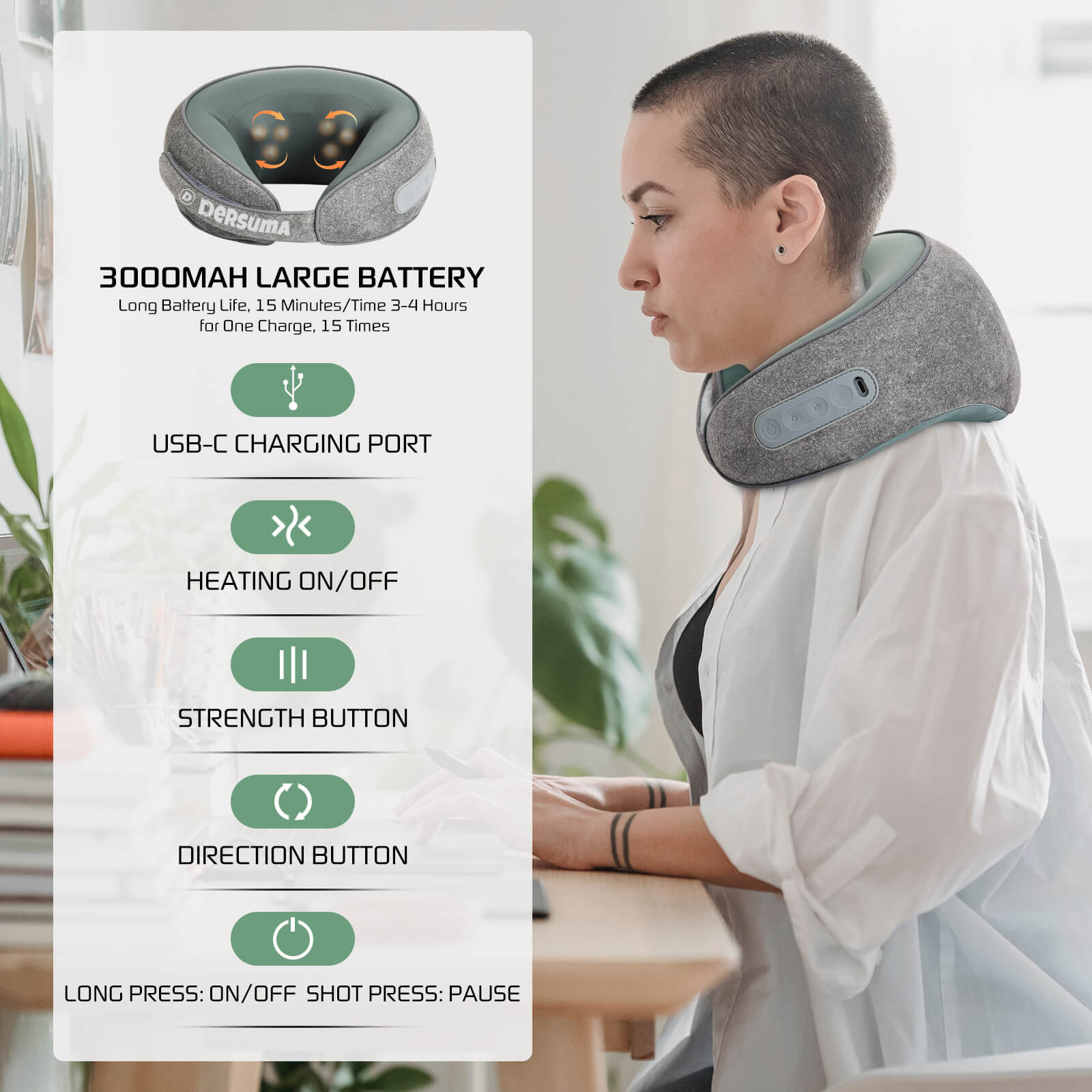 DERSUMA Neck Massager Deep Shiatsu: Electric Cervical Massage Pillow with Heat - Deep Tissue Kneading - Rechargeable Cordless Portable Massage Cushion Relieve Muscle Pain,for Home Office Car Travel