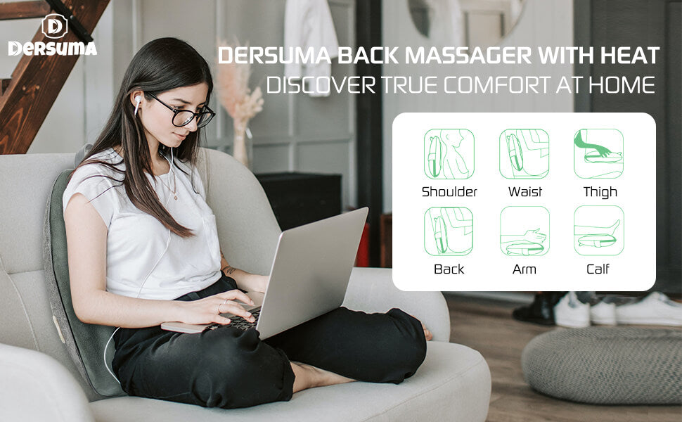 Shiatsu Back Massager with Heat: Massage Pillow for Back & Lumbar Pain Relief - Dersuma Rechargeable Chair Kneading Massage Cushion - Ideal Gifts for Women/Men