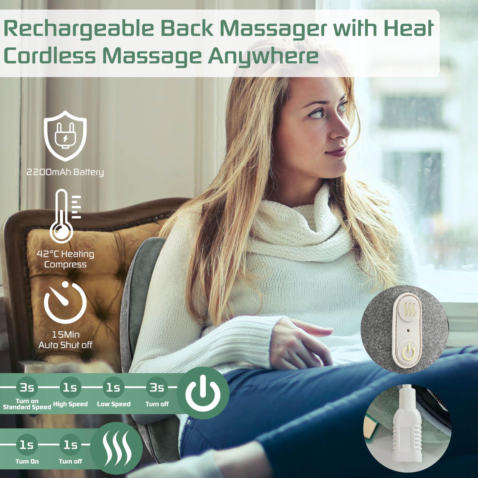 Back Massager with Heat, Rechargeable Cordless 3D Shiatsu Massager